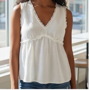 Provogue White Y2K Sleeveless Top V-Neck Lace Sheer Lined Tank Medium Babydoll